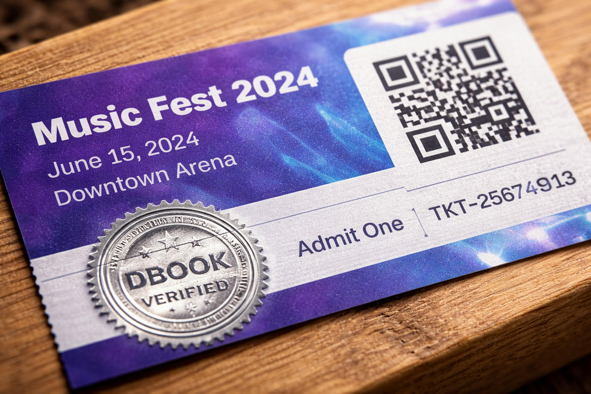 QR code event ticket with Dbook verified embossed