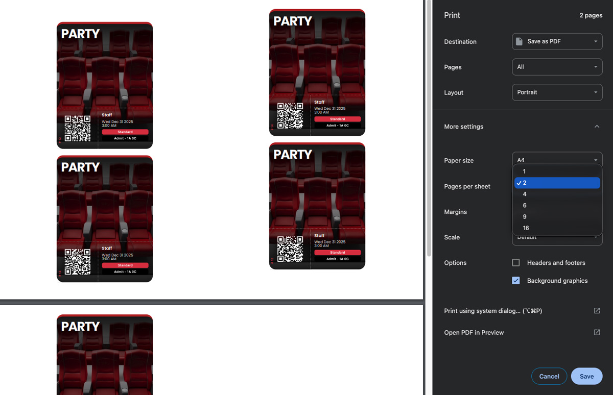 Print preview for QR code tickets