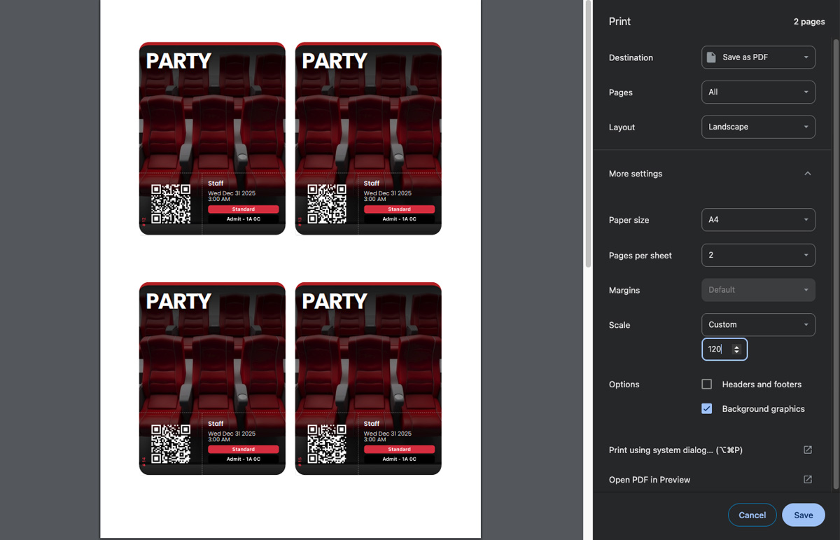 Print tools for QR code tickets