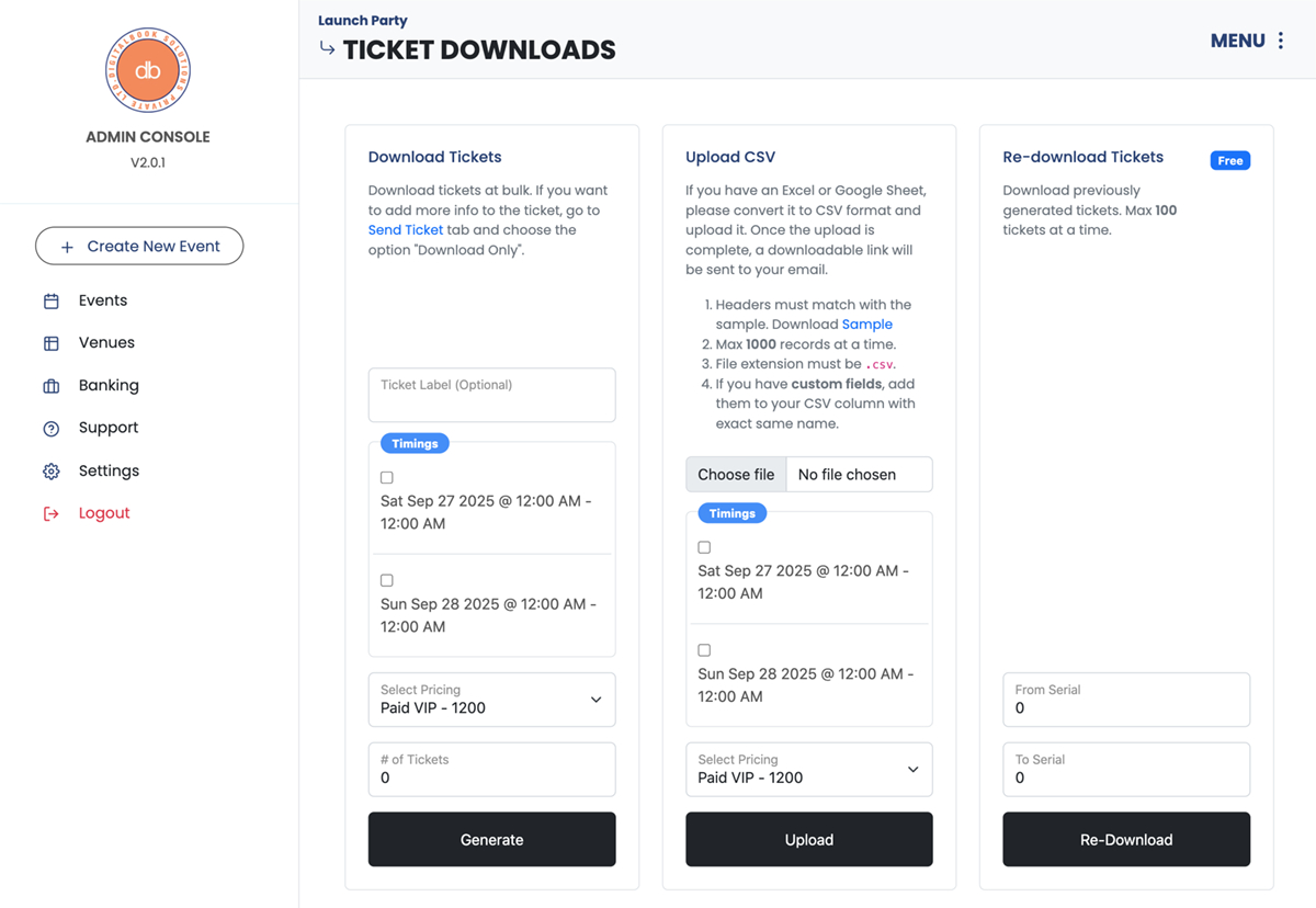 Ticket Downloads Page